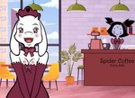 anthro armwear blush blush_stickers bow_tie breasts cleavage clothed clothing elbow_gloves eyes_closed female gloves hair handwear horn inside mature_female multi_eye open_mouth open_smile restaurant smile standing text white_body reimon-master-ii undertale undertale_(series) muffet toriel animal_humanoid arachnid arachnid_humanoid arthropod arthropod_humanoid boss_monster_(undertale) bovid caprine goat humanoid mammal spider spider_humanoid digital_media_(artwork) english_text hi_res
