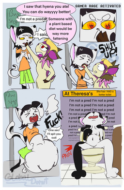 abdominal_bulge accidental_vore anthro anthro_pred bodily_fluids breasts bulge clothed clothing death dialogue digestion disposal duo fatal_vore female female/female fire_eyes forced fur genitals hair nipples nude open_mouth oral_vore purple_body rumbling_stomach same_size_vore simple_background sound_effects tail text toilet unwilling_pred unwilling_prey vore vulva white_body white_fur globaldonut34 sue_(globaldonut34) animal_humanoid deer deer_humanoid felid feline humanoid mammal mammal_humanoid absurd_res colored colored_sketch comic digital_media_(artwork) english_text hi_res sketch