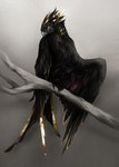 ambiguous_gender beak black_body branch feathers feet feral purple_body purple_feathers simple_background solo talons toes yellow_body yellow_feathers liit_alles kinryu_(aeternum) avian absurd_res hi_res