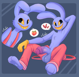 4_fingers abstract_background anthro balls barefoot big_balls big_ears big_penis black_eyes clothed clothing feet fingers floppy_ears fur genitals glistening glistening_genitalia glistening_penis gloves half-erect hand_behind_head handwear heart_symbol long_ears male overalls overalls_down peach_emoji penis purple_body purple_fur red_clothing red_overalls sitting smile solo teeth text topless topless_anthro topless_male yellow_clothing yellow_gloves yellow_handwear yellow_sclera mandyfoxy glitch_productions the_amazing_digital_circus jax_(tadc) lagomorph leporid mammal rabbit 2025 artist_name digital_drawing_(artwork) digital_media_(artwork) hi_res watermark