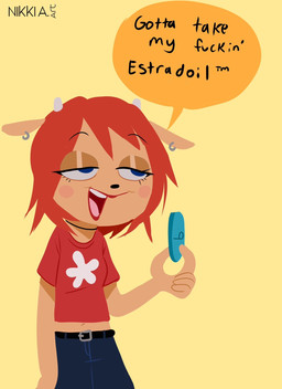 anthro belt blue_eyes bottomwear brown_body brown_fur choker clothing crop_top denim denim_bottomwear denim_clothing ear_piercing ear_ring female fur hair holding_pill hormone_replacement_therapy horn humanoid_hands jeans jewelry medium_hair necklace open_mouth pants piercing profanity red_clothing red_crop_top red_hair red_shirt red_topwear ring_piercing shirt simple_background solo speech_bubble standing talking_to_self text topwear yellow_background nikkiaart estradiol parappa_the_rapper sony_corporation sony_interactive_entertainment um_jammer_lammy lammy_lamb bovid caprine mammal sheep 2026 digital_drawing_(artwork) digital_media_(artwork) english_description english_text hi_res