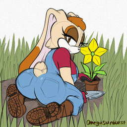 anthro big_breasts big_butt big_ears black_nose blue_clothing blue_overalls boots breasts brown_body brown_boots brown_clothing brown_eyes brown_eyeshadow brown_footwear brown_fur butt clothed clothing dipstick_ears ear_markings eyelashes female floppy_ears footwear fur gloves grass handwear head_tuft kneeling long_ears looking_at_viewer looking_back looking_back_at_viewer lop_ears markings multicolored_ears overalls pink_clothing pink_gloves pink_handwear pink_topwear plant shoes simple_background smile solo tan_body tan_fur thick_thighs topwear tuft white_background white_body white_fur wide_hips omegasunburst sega sonic_the_hedgehog_(series) vanilla_the_rabbit lagomorph leporid mammal rabbit 1:1 hi_res