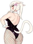 accessory animal_ears animal_tail big_butt blonde_hair blush breasts bunny_costume butt clothing costume cuffs_(clothing) ears_down eyelashes facial_markings female fishnet_clothing fishnet_legwear flower flower_in_hair fur hair hair_accessory hand_on_hip head_markings legwear leotard looking_at_viewer looking_back looking_back_at_viewer markings pivoted_ears plant purple_clothing purple_leotard rear_view red_eyes simple_background smile solo tail tan_body tan_fur tan_skin thick_thighs white_background wide_hips shnibbles final_fantasy final_fantasy_xiv square_enix animal_humanoid cat_humanoid felid felid_humanoid feline feline_humanoid humanoid mammal mammal_humanoid miqo'te tailed_humanoid 3:4 absurd_res hi_res