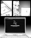 2016 anthro base_two_layout blockage_(layout) clothing comic computer desk dragon drawer electronics english_text furniture hi_res horizontal_blockage horn if_hell_had_a_taste laptop male monochrome mythological_creature mythological_scalie mythology sales scalie scar shirt skylar_fidchell solo table text three_frame_image topwear two_row_layout url viroveteruscy web_browser