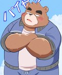 anthro black_nose blue_bottomwear blue_clothing blue_jacket blue_pants blue_topwear blush bottomwear brown_body brown_fur clothing countershade_snout countershading crossed_arms fur jacket kemono male multicolored_body multicolored_fur overweight overweight_anthro overweight_male pants shirt snout solo tan_body tan_countershading tan_fur topwear two_tone_body two_tone_fur white_clothing white_shirt white_topwear puss3250 morenatsu juuichi_mikazuki bear black_bear mammal moon_bear ursine 2023 hi_res