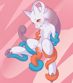 3_toes anthro blush bodily_fluids bound clenched_teeth feet female genitals looking_down red_eyes restrained restrained_by_tentacles rubbing_vulva slim teeth tentacles toes vulva white_body thrussywizard nintendo pokemon generation_6_pokemon legendary_pokemon mega_evolution mega_mewtwo mega_mewtwo_y pokemon_(species)