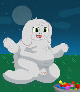 abdominal_bulge belly belly_expansion bloated bodily_fluids bowl candy container dessert drooling expansion food fur genitals male moon navel night nipples nude nude_male open_mouth outside overeating overweight penis saliva solo white_body white_fur young goobeygoob undertale undertale_(series) asriel_dreemurr bovid caprine goat mammal absurd_res hi_res