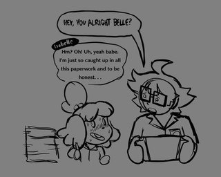 anthro blush bodily_fluids clothing collared_shirt dialogue duo eye_contact eyewear female glasses holding_nintendo_switch looking_at_another male nervous nervous_sweat nintendo_console rectangular_glasses shirt speech_bubble sweat text topwear wearing_glasses raunchyriot animal_crossing nintendo nintendo_switch isabelle_(animal_crossing) canid canine canis domestic_dog human mammal shih_tzu toy_dog digital_drawing_(artwork) digital_media_(artwork) english_text monochrome