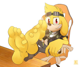5_fingers 5_toes anthro barefoot black_clothing blonde_hair bottomwear camo chair clothed clothing desk eyewear eyewear_on_head feet fingers foot_fetish foot_focus foot_on_table fur furniture goggles goggles_on_head grin hair humanoid_feet looking_at_viewer male pants plantigrade red_eyes shirt simple_background sitting smile soles solo table tan_body toes topwear white_background yellow_body yellow_feet yellow_fur cedricart9732 sega sonic_the_hedgehog_(series) fan_character canid canine canis domestic_dog mammal hi_res