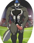 anthro balls big_penis blue_baseball_cap bodily_fluids clothing erection facial_hair football_field fur genital_fluids genitals grey_body grey_fur hat headgear headwear humanoid_genitalia humanoid_penis looking_at_viewer male muscular muscular_anthro muscular_arms muscular_legs muscular_male nipples nude pecs penis pink_nipples pink_penis precum precum_string solo text text_on_clothing text_on_hat text_on_headwear whistle_(object) yellow_eyes zawn coach_mika canid canine canis mammal wolf 2020 english_text hi_res portrait signature three-quarter_portrait