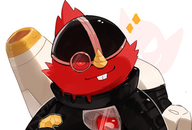 anthro armor cybernetics dr.zappa fur headgear helmet machine male mechanical_arm pointy_nose red_body red_eyes red_fur simple_background solo teeth white_background tongmuan 12tails cyborg eulipotyphlan mammal mole_(animal) half-length_portrait hi_res portrait