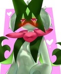 anthro biped blush breasts closed_smile cute_fangs female front_view fur green_body green_fur heart_symbol mouth_closed multicolored_body pink_background pink_body pink_nose red_eyes simple_background small_breasts smile solo white_background pecco_occeq nintendo pokemon generation_9_pokemon meowscarada pokemon_(species) absurd_res hi_res