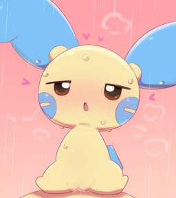 big_ears blush bodily_fluids chibi cowgirl_position cum cum_in_vagina cum_inside duo female female_penetrated feral feral_penetrated from_front_position fur genital_fluids genitals gradient_background hands_behind_back heart_symbol male male/female male_penetrating male_penetrating_female on_bottom on_top penetration penile penile_penetration penis_in_vagina pink_background semi-anthro sex simple_background sweat vaginal vaginal_penetration vulva yellow_body yellow_fur badwingm nintendo pokemon generation_3_pokemon minun pokemon_(species) 2021 hi_res