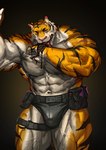 anthro clothed clothing fur licking male muscular muscular_anthro muscular_male partially_clothed solo striped_body striped_fur stripes tongue tongue_out vein veiny_muscles traver009 coach_ho felid mammal pantherine tiger absurd_res hi_res