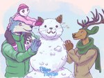 anthro antlers carrying_another clothed clothing coat countershading female group happy hat headgear headwear horn male scarf sitting_on_shoulders snow snowman topwear trio winter thorso_the_vile beastars haru_(beastars) legoshi_(beastars) louis_(beastars) canid canine canis cervine deer domestic_rabbit dwarf_rabbit lagomorph leporid mammal netherland_dwarf_rabbit oryctolagus rabbit red_deer wolf 2021