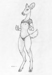 2023 anthro areola breasts clothing cloven_hooves dated deer dewclaw_hooves ear_piercing ear_ring ecmajor feet female gesture greyscale hand_gesture hi_res hooves horizontal_pupils long_neck mammal monochrome nipples panties piercing pointing pointing_at_self pupils ring_piercing shirt simple_background skinny_female slim slim_anthro small_breasts solo standing thong toes topwear traditional_media_(artwork) underwear unguligrade_anthro white_background