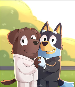 anthro biped black_nose blue_body blue_fur bottomwear brown_body brown_fur clothed clothing cloud day digit_ring duo eyebrows fully_clothed fur husband husband_and_husband interlocked_fingers intraspecies jewelry looking_at_viewer male male/male married_couple on_model outside pants ring sky smile standing suit tail teeth wedding_ring yellow_body yellow_fur mightiezz bluey_(series) bandit_heeler fido_(bluey) australian_cattle_dog bird_dog canid canine canis cattledog domestic_dog herding_dog hunting_dog labrador mammal pastoral_dog retriever 2023 digital_media_(artwork) hi_res