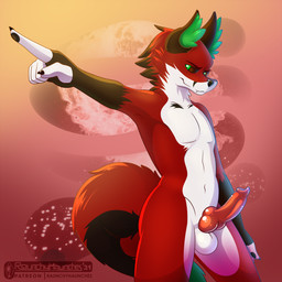 animal_genitalia animal_penis anthro balls belly black_sclera brown_body brown_fur brown_markings canine_genitalia canine_penis claws confident erection foreshortening fur genitals gesture green_body green_eyes green_fur hand_gesture knot male markings muscular nude pawpads penis pointing pose red_body red_fur simple_background smile solo standing tail white_belly white_body white_fur raunchyhaunches victor_johansen canid canine fox mammal red_fox true_fox 1:1 digital_media_(artwork) hi_res pinup shaded