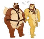 anthro balls duo flaccid foreskin genitals harness humanoid_genitalia humanoid_penis male male/male nude overweight penis size_difference small_penis tcw tcw_(character) canid canine canis domestic_dog felid german_shepherd herding_dog lion mammal pantherine pastoral_dog