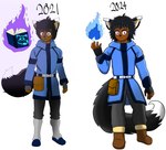 anthro black_hair blue_fire boots bottomwear casting_spell clothing coat colored_fire comparing dark_body dark_skin fire footwear grey_bottomwear grey_clothing grey_pants grimoire hair magic magic_user magic_user_outfit male pants pose purple_fire shoes simple_background standing topwear sinisterslyfox canid canine fox human hybrid mammal absurd_res hi_res redraw shaded soft_shading