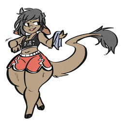 anthro arm_tuft big_tail biped black_chest_binder black_clothing black_topwear bodily_fluids bottomwear broken_horn brown_body brown_fur chest_binder chest_tuft claws clothed clothing dolphin_shorts elbow_tuft female flat_chested fur grey_hair grey_horn hair holding_object holding_towel hooves horn looking_aside midriff motion_lines navel open_mouth red_bottomwear red_clothing red_shorts short_hair shorts simple_background smile solo standing sweat tail tail_tuft teeth text text_on_chest_binder text_on_clothing text_on_topwear topwear towel tuft underwear white_background wide_hips manitka manitka_storm bovid bovine cattle mammal 1:1 2025 digital_media_(artwork) hi_res