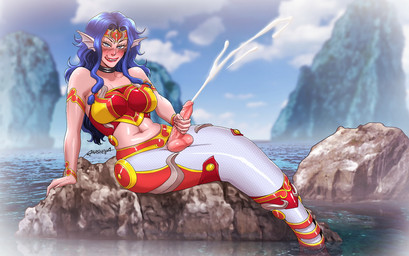 balls big_breasts blue_eyes blue_hair blush bodily_fluids breasts clothed clothing cum erection fin genital_fluids genitals gynomorph hair intersex masturbation orgasm penile penile_masturbation penis scales skimpy solo split_form tongue tongue_out water anasheya konami yu-gi-oh! mermail_abysslinde aquatic duel_monster humanoid merfolk