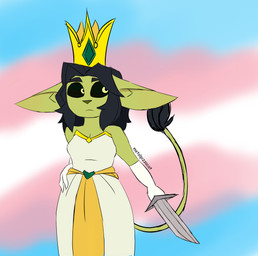 biped black_hair black_sclera clothed clothing crown dagger dress female gloves green_body hair handwear headgear humanoid_pointy_ears lgbt_pride melee_weapon pointy_ears pride_colors simple_background solo tail tail_tuft transgender_pride_colors tuft weapon white_clothing white_dress white_gloves white_handwear yellow_eyes metalpizzacat goblin_queen_(metalpizzacat) goblin humanoid absurd_res hi_res trans_(lore) trans_woman_(lore)