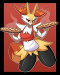 anthro apron apron_only breasts clothing female food inner_ear_fluff medium_breasts pepperoni pizza red_eyes solo steam tail thick_thighs tray tuft rondonite nintendo pokemon braixen generation_6_pokemon pokemon_(species) absurd_res hi_res