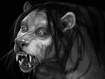 black_hair bodily_fluids cross-eyed ear_growth fangs female feral fur fur_growth growth hair looking_at_self mid_transformation open_mouth realistic saliva saliva_string snout snout_growth solo species_transformation teeth transformation liminalbean felid humanoid mammal pantherine tiger 4:3 absurd_res greyscale hi_res monochrome
