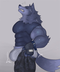 abs anthro biceps big_bulge big_muscles big_pecs biped bodily_fluids bottomwear bulge butt camo camo_bottomwear camo_clothing camo_pants camo_print clenched_teeth clothing eyebrows eyes_closed fingerless_gloves flying_sweatdrops fur gloves grey_background handwear huge_pecs male muscular muscular_anthro muscular_male muscular_thighs pants pattern_bottomwear pattern_clothing pattern_pants pecs pulling_up_pants quads shirt simple_background solo sweat sweatdrop teeth tight_clothing tight_shirt tight_topwear topwear underwear fleshformomo tight_pants_(meme) jayden_(fleshformomo) canid canine canis mammal wolf 2023 digital_media_(artwork) hi_res meme