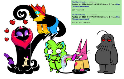 3_fingers 4_fingers ahegao all_the_way_through anal anal_penetration anthro armless art_prompt beanie beard big_tongue black_body black_clothing black_collar black_eyebrows black_footwear black_pubes black_shirt black_shoes black_tentacles black_topwear blue_bottomwear blue_clothing blue_inner_ear blue_pants blue_pawpads blush blush_lines bodily_fluids bottomwear clothed clothing collar collar_only collar_tag crying cyan_blush dildo drooling earless erection eye_roll eyebrows eyes_closed eyewear facial_hair featureless_feet feet fingers footwear fur genitals glasses green_body green_inner_ear_fluff group half-closed_eyes hat headgear headwear heart_symbol holding_dildo holding_leash holding_object holding_sex_toy humanoid_dildo humanoid_genitalia humanoid_penis hyper hyper_tongue imminent_rape imminent_sex inner_ear_fluff lactating leash licking licking_another light_penis looking_at_another looking_pleasured male male/male male_lactation markings missing_tooth mouthless multicolored_body narrowed_eyes nipples noseless nude open_mouth orange_body orange_fur overweight overweight_humanoid overweight_male pants pawpads paws penetration penis pink_blush pink_body pink_nipples pubes pupils purple_dildo purple_sclera red_beanie red_blush red_body red_clothing red_fur red_hat red_headwear red_heart red_ruff red_sclera ruff sad saliva scared sex sex_toy shirt shoes simple_background striped_body striped_fur striped_markings stripes tail tears teeth teeth_showing tentacle_from_mouth tentacle_in_ass tentacle_penetration tentacles text tongue tongue_out toony topwear tuft two_tone_body whiskers white_background white_eyebrows white_pupils yellow_clothing yellow_shirt yellow_topwear youtuber thatcringeyfanuwu doobus_goobus_(copyright) rule34.xxx dahr_(character) dee_(dtv_animation) doobus_goobus_(character) madjerk_(character) saberspark_(character) alien deity domestic_cat felid feline felis goobus_(species) humanoid hybrid mammal prehistoric_species saber-toothed_tiger 2026 digital_media_(artwork) english_text firealpaca_(artwork) hi_res