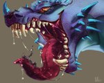 ambiguous_gender bodily_fluids drooling duo fangs feral knight liquid melee_weapon open_mouth saliva soft_vore spikes sword teeth tongue tongue_out vore warrior weapon hilloty mythology dragon human mammal mythological_creature mythological_scalie scalie hi_res