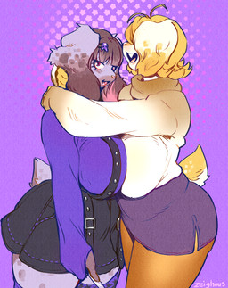 abstract_background accessory anthro big_breasts blonde_hair bottomwear breast_squish breasts breasts_frottage brown_body brown_fur brown_hair clothing duo female female_anthro floppy_ears fur hair hair_accessory hair_over_eyes hairpin hug huge_breasts hugging_another knife leggings legwear looking_at_viewer miniskirt open_mouth open_smile pencil_skirt purple_background purple_body purple_fur red_eyes scut_tail short_tail side_view simple_background skirt smile squish sweater tail thigh_highs topwear white_body white_fur yellow_body yellow_fur zeighous chris_(zeighous) lilith_(zeighous) lagomorph leporid mammal rabbit hi_res stepsibling_(lore) stepsister_(lore)