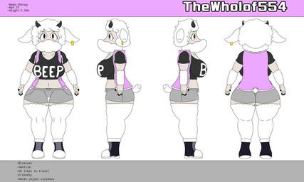 anthro black_horn brown_eyes clothed clothing female fur horn solo text white_body white_fur white_wool wool_(fur) wool_hair thewholof554 sheipy_(thewholof554) bovid caprine mammal sheep absurd_res english_text hi_res model_sheet