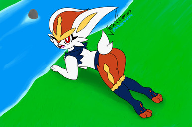 3_fingers 3_toes all_fours ambiguous_anthro ambiguous_gender anthro arms_bent belly bent_legs black_outline black_text blue_body blue_feet blue_fur blue_legs blue_text buckteeth butt cheek_tuft day eyelashes facial_tuft feet fingers fur fur_tuft grass hair hindpaw leg_markings looking_offscreen markings multicolored_body multicolored_fur nude_ambiguous nude_anthro on_grass on_ground one_eye_closed open_mouth orange_body orange_butt orange_fur orange_hair orange_nose orange_pawpads orange_thighs orange_toes outline outside pawpads paws pink_tongue plant rabbit_ears red_eyes river rock scut_tail short_hair short_tail side_view solo tail teeth text thigh_markings toes tongue tuft water white_arms white_back white_belly white_body white_ears white_face white_fur white_hands white_head white_neck white_sclera white_tail wink yellow_inner_ear yellow_markings whygenamoon nintendo pokemon cinderace generation_8_pokemon lagomorph mammal pokemon_(species) absurd_res artist_name colored digital_drawing_(artwork) digital_media_(artwork) english_text hi_res shaded signature source_request spanish_text widescreen