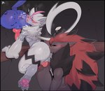 anal animal_genitalia animal_penis anthro anus biped black_body black_border black_fur blue_tail blush bodily_fluids border butt canine_genitalia canine_penis deep_rimming erection fur genitals green_eyes grey_body grey_fur grey_tail group knot looking_back male male/male multicolored_body multicolored_fur oral pawpads penis profanity rear_view red_body red_fur rimming saliva sex speech_bubble tail text tongue tongue_out trio vilf nintendo pokemon mizu_(zeraora) generation_4_pokemon generation_5_pokemon generation_7_pokemon legendary_pokemon lucario pokemon_(species) zeraora zoroark absurd_res english_text hi_res