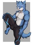 abs anthro biceps blue_body blue_eyes blue_fur bottomwear bulge clothing fur hair male multicolored_body multicolored_fur muscular muscular_anthro muscular_male pants pecs shirtless_male simple_background solo spandex spandex_clothing tail tight_clothing two_tone_body two_tone_fur asleepchef yakumo_(asleepchef) canid canine canis domestic_dog hybrid mammal wolf absurd_res hi_res