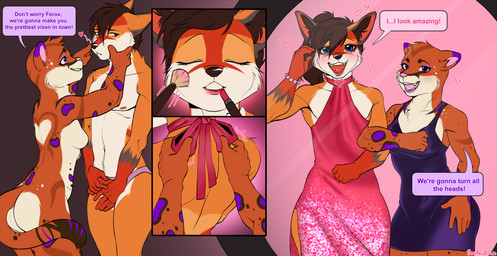 anthro applying_makeup blue_eyes blush bow_ribbon bracelet brown_hair clothed clothing crossdressing crossdressing_male dialogue dress duo excited eyes_closed eyeshadow female fur hair happy heart_symbol jewelry lipstick makeup makeup_brush male mirror nervous nude nude_anthro orange_body orange_fur personal_grooming pink_clothing pink_dress pink_underwear ponytail purple_clothing purple_dress purple_eyes red_body red_fur reflection smile spots text underwear white_body white_fur bowbowbowie ferox_(feroxdoon) sero_(feroxdoon) canid canine cougar felid feline fox hybrid jaguar mammal pantherine red_fox true_fox comic english_text hi_res nonbinary_(lore)