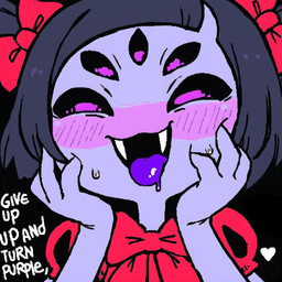 black_hair blush bodily_fluids clothing drooling fangs female hair multi_arm multi_eye multi_limb purple_body purple_eyes purple_skin purple_tongue red_clothing red_hair_bow red_shirt red_topwear saliva shirt smile solo sweat teeth tongue topwear anonymous_artist undertale undertale_(series) muffet animal_humanoid arachnid arachnid_humanoid arthropod arthropod_humanoid humanoid spider_humanoid 1:1