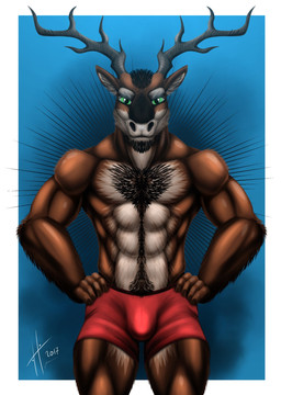 abs abstract_background anthro antlers belly_hair black_hair body_hair bottomwear brown_body brown_fur bulge chest_hair clothed clothing front_view fur glistening glistening_eyes green_eyes hair hand_on_hip horn looking_at_viewer male male_anthro mouth_closed muscular muscular_anthro muscular_male pecs pubes red_bottomwear red_clothing short_hair solo standing topless white_body white_fur hufnaar deer mammal 2017 absurd_res dated hi_res portrait three-quarter_portrait