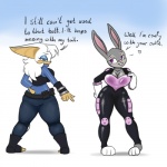 1:1 anthro bat big_breasts blackbetty breasts clothed clothing cosplay crossover digital_media_(artwork) disney duo english_text female judy_hopps lagomorph leporid long_ears mammal rabbit rouge_the_bat sega simple_background smile sonic_the_hedgehog_(series) standing text zootopia