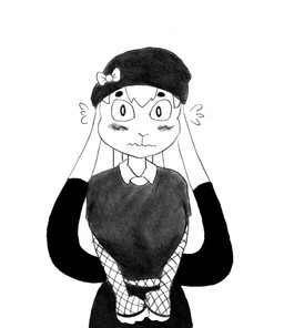 accessory alternate_costume alternate_universe anthro armwear bangs beanie big_breasts big_ears blush bodily_fluids bottomwear breasts clothing female fishnet_armwear fishnet_clothing floppy_ears fur hair hat headgear headwear nervous ribbons simple_background skirt solo sweat sweatdrop white_background white_body white_fur white_hair efradraws isepo_(efradraws) lagomorph leporid mammal rabbit absurd_res graphite_(artwork) hi_res monochrome sketch traditional_media_(artwork)