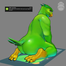 3_toes anthro big_butt butt claws feet glistening glistening_body green_body grey_background looking_at_viewer looking_back male mascot muscular muscular_male narrowed_eyes nude screencap screencap_background simple_background sitting smile smiling_at_viewer solo suggestive_pose tail text toes tacosdeyuca duolingo duo_(duolingo) avian bird owl 1:1 absurd_res hi_res spanish_text watermark