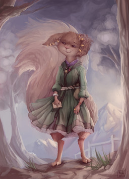 anthro book clothed clothing digitigrade dress ear_piercing ear_ring female outside piercing pink_nose plant ring ring_piercing solo tree wind naviwavi mammal rodent sciurid tree_squirrel hi_res