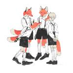 anthro clothed clothing fake_tail footwear group hands_behind_back leaning leaning_forward legwear male mask shoes simple_background socks standing suspenders white_background young mucknagabe canid canine fox human mammal red_fox true_fox