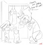 anthro caught closet clothed clothes_hanger clothing dialogue door dress duo female fur hung_clothing male panicking sharp_teeth size_difference speech_bubble teeth text boreoboros disney zootopia judy_hopps nick_wilde canid canine fox lagomorph leporid mammal rabbit red_fox true_fox english_text hi_res monochrome signature