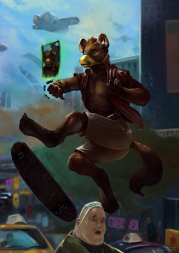 anthro blue_sky bottomwear brown_body brown_fur car clothed clothing day fur futuristic group hair jacket jumping male male_anthro male_human mask open_clothing open_jacket open_mouth open_topwear outside overweight overweight_human overweight_male pants plant short_hair skateboard sky solo_focus tan_body tan_bottomwear tan_clothing tan_pants tan_skin topwear tree vehicle wearing_mask satanic_monkey human hyena mammal hi_res