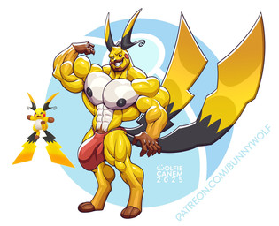 2_tails 5_fingers abs anthro anthrofied areola armpit_hair beard biceps big_bulge big_muscles biped black_areola black_ears black_nipples black_tail blonde_eyebrows body_hair brown_armpit_hair brown_beard brown_facial_hair brown_fingers brown_hands brown_pubes brown_toes bulge clenched_teeth countershade_torso countershading cute_fangs dipstick_tail eyebrows facial_hair fangs fingers flexing flexing_bicep huge_bulge humanoid_hands looking_at_viewer male markings multi_tail multicolored_ears muscular muscular_anthro muscular_arms muscular_male nipples pokemorph posing_pouch pronounced_browridge pubes simple_background smile smiling_at_viewer solo standing tail tail_markings teeth text two_tone_ears two_tone_tail white_background white_body white_chest white_countershading white_pecs yellow_arms yellow_body yellow_ears yellow_face yellow_legs yellow_neck yellow_tail_tip wolfiecanem nintendo patreon pokemon pokemon_legends_z-a generation_9_pokemon mega_evolution mega_raichu mega_raichu_x pokemon_(species) 2025 artist_name digital_drawing_(artwork) digital_media_(artwork) hi_res reference_image signature url