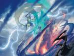 duo electricity feathered_wings feathers fight horn lightning membrane_(anatomy) membranous_wings storm wings michael_komarck hasbro magic:_the_gathering mythology wizards_of_the_coast nicol_bolas planeswalker ugin dragon mythological_creature mythological_scalie scalie official_art