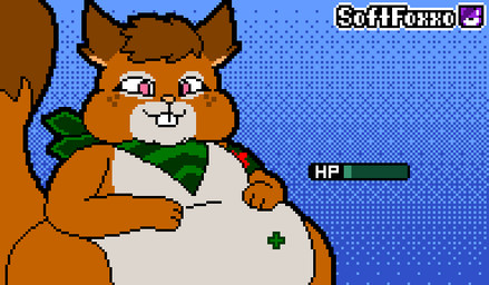 ambiguous_gender ambiguous_prey anthro anthro_pred armband asking_another blue_background brown_body brown_fur brown_hair buckteeth dialogue dipstick_tail duo emanata eyes_closed female female_pred freckled_face freckles fur gameplay_mechanics green_armband green_kerchief green_neckerchief gui hair hand_on_belly healing healing_vore health_bar heart_symbol kerchief laugh logo markings narrowed_eyes neckerchief neckwear obese obese_anthro obese_female open_mouth open_smile oral_vore overweight overweight_anthro overweight_female pattern_kerchief pattern_neckerchief pink_eyes simple_background smile speech_bubble striped_kerchief striped_neckerchief tail tail_markings talking_to_another talking_to_pred talking_to_prey teeth text tilde_after_text unseen_prey vore softfoxxo nintendo pokemon sally_(skwovetops) generation_8_pokemon pokemon_(species) skwovet 2d_animation animated artist_logo artist_name digital_media_(artwork) english_text pixel_(artwork) pixel_animation